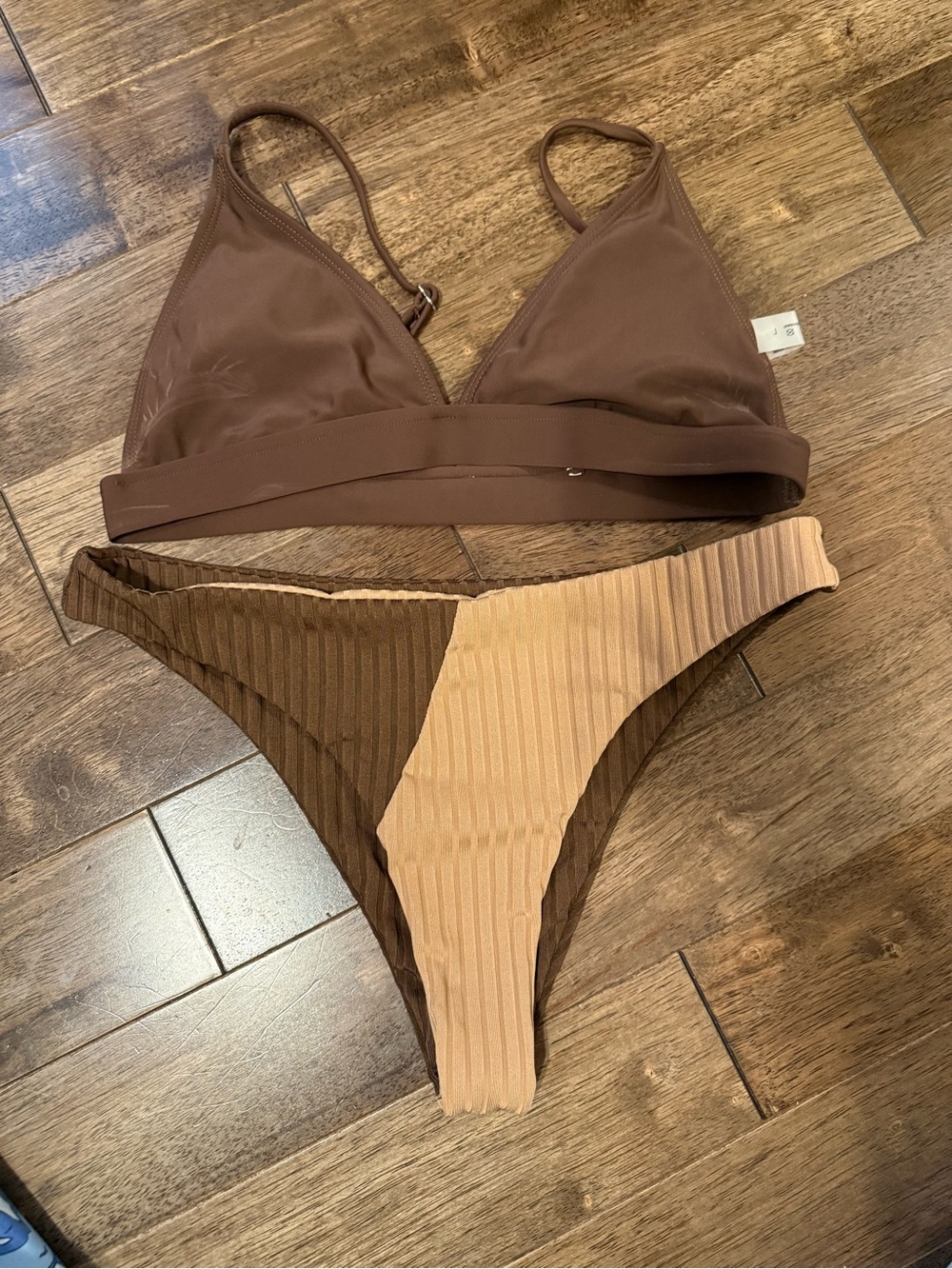 Brown & Beige Color Block Bikini Set L/XL Two Piece Swimsuit Ribbed High Cut